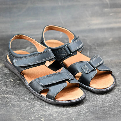 Czarne męskie skórzane sandały na rzepy – Lino | Jordan Handmade Shoes – zdjęcie 7