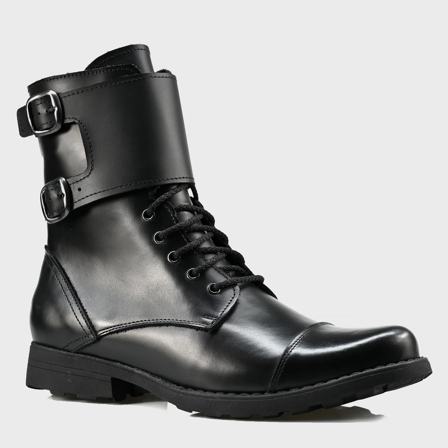 Pánské kožené boty Vanguard – černé vysoké boty s přezkami a bočním zipem | KarolShoes