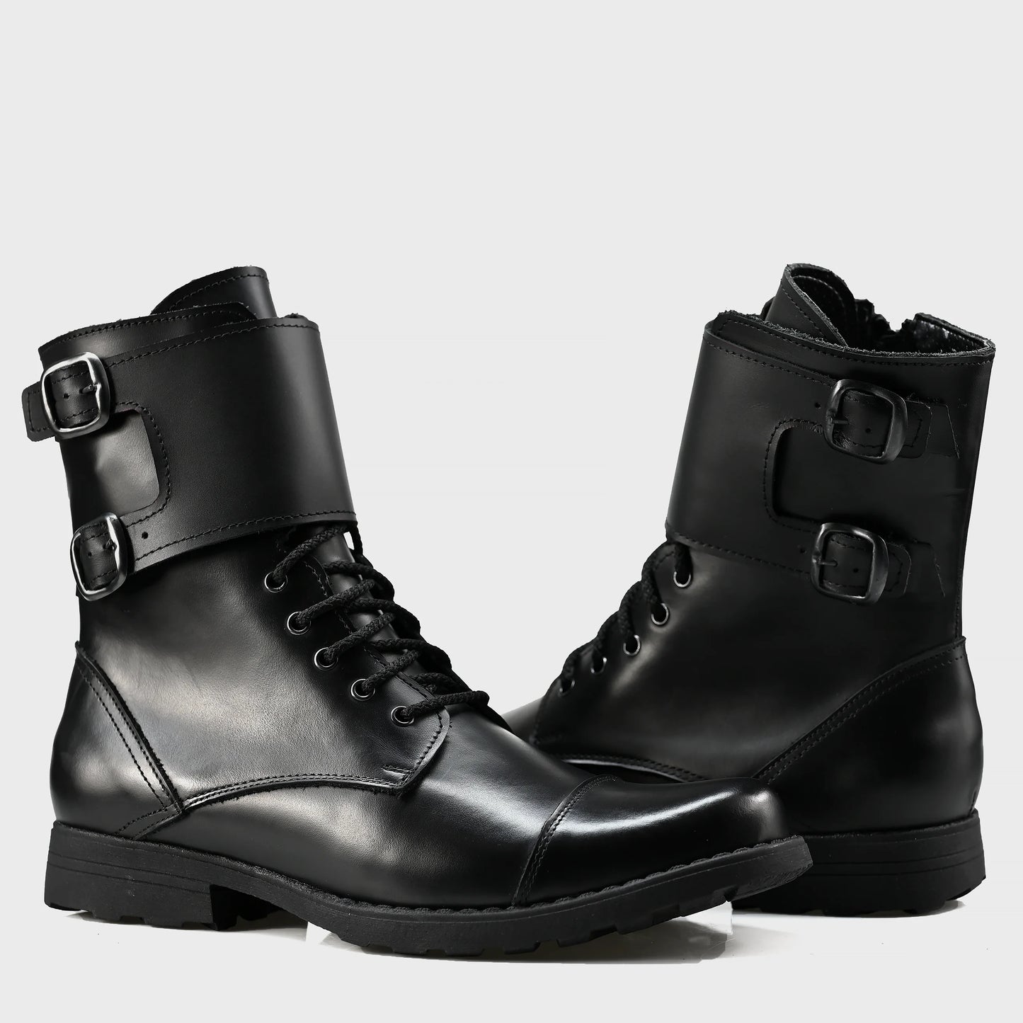 Pánské kožené boty Vanguard – černé vysoké boty s přezkami a bočním zipem | KarolShoes