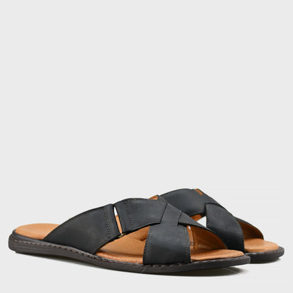 Czarne męskie skórzane klapki z paskami – Nero | Jordan Handmade Shoes – zdjęcie 4