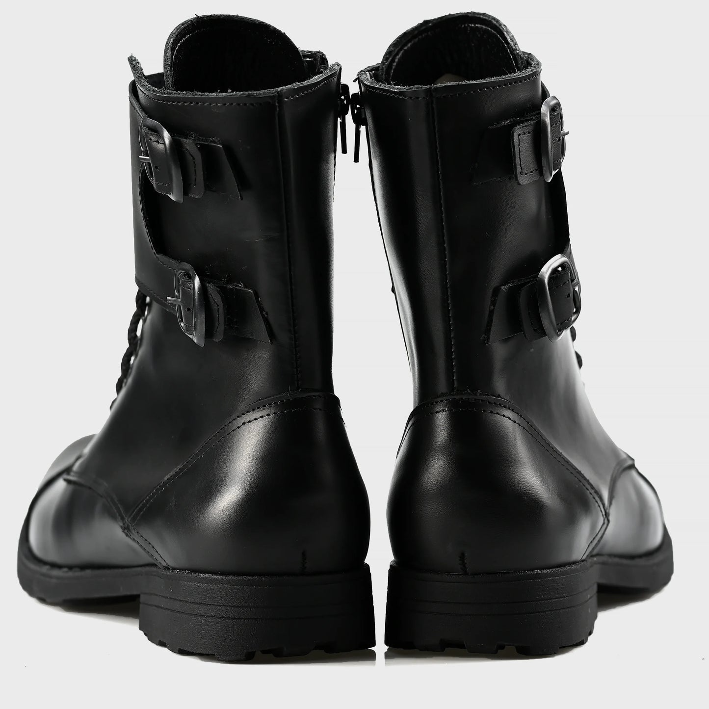 Pánské kožené boty Vanguard – černé vysoké boty s přezkami a bočním zipem | KarolShoes