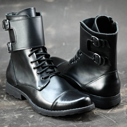 Skórzane męskie wysokie czarne buty z klamrami i zamkiem – Vanguard | Jordan Handmade Shoes – zdjęcie 8