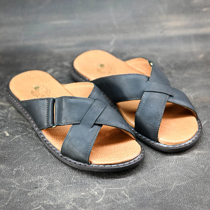 Czarne męskie skórzane klapki z paskami – Nero | Jordan Handmade Shoes – zdjęcie 5